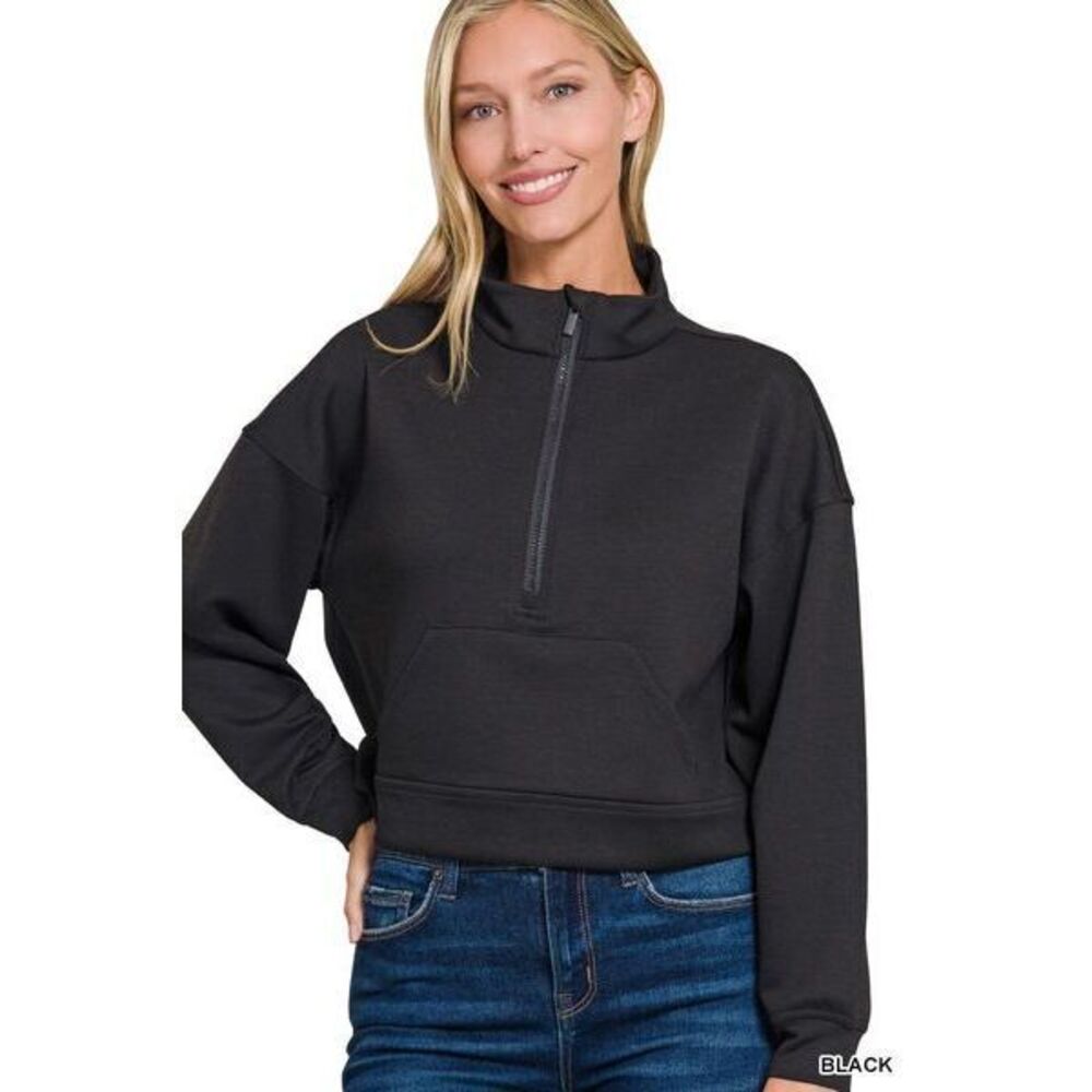 Zenana Scuba Half Zip Pullover With Kangaroo Pockets